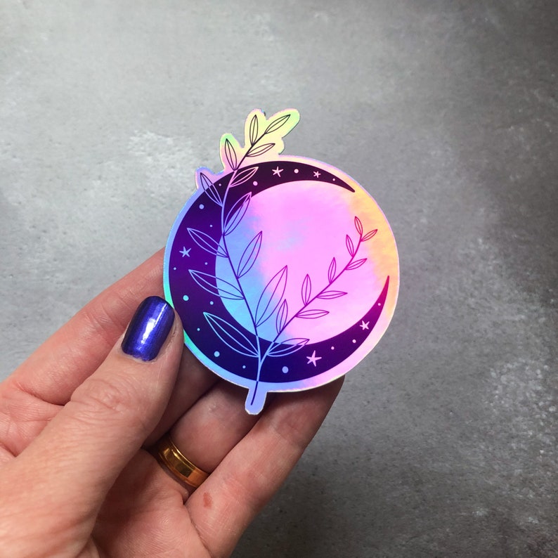 Clear Moon and branch sticker, moon goddess laptop sticker, holographic vinyl sticker, ombre witchy decor, celestial moon sticker image 6