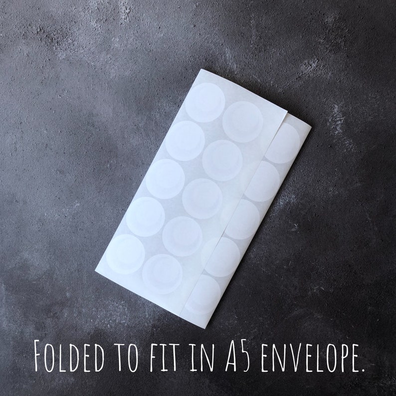 May include: A sheet of white round stickers folded to fit in an A5 envelope.
