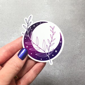 Clear Moon and branch sticker, moon goddess laptop sticker, holographic vinyl sticker, ombre witchy decor, celestial moon sticker image 5