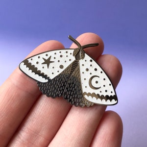 Celestial Moth enamel pin badge, white hard enamel butterfly pin, stars and moon lapel pin with glitter