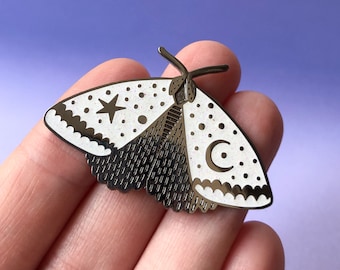 Celestial Moth enamel pin badge, white hard enamel butterfly pin, stars and moon lapel pin with glitter