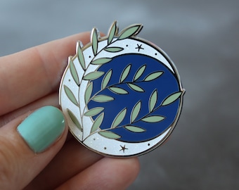 Sage moon enamel pin, botanical pin badge, glitter moon badge, celestial glitter hard enamel pin