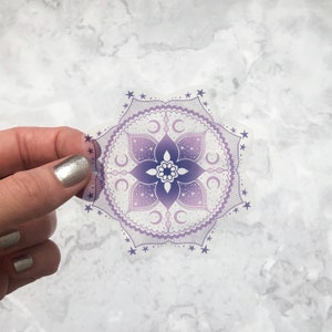 Purple Mandala vinyl sticker, Celestial Mandala clear sticker, ombre celestial laptop sticker 8 cm wide, laptop sticker, moon sticker