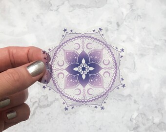 Purple Mandala vinyl sticker, Celestial Mandala clear sticker, ombre celestial laptop sticker 8 cm wide, laptop sticker, moon sticker