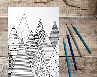 Printable colouring page, Mountains inspired coloring sheet, rainy day colouring activity, winter art colouring page