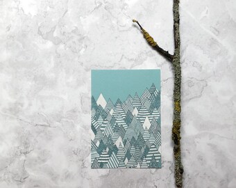Winter Forest mini print, Mountain postcard A6 print, Mini illustration print, Contemporary modern forest Postcard
