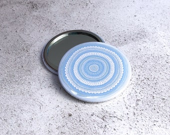 Carousel  pocket mirror, aztec pocket mirror, fun round badge, blue compact mirror, orange handbag mirror