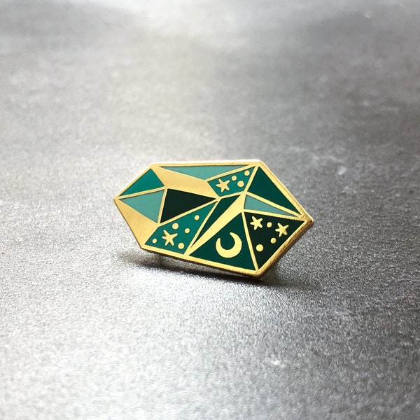 Celestial Crystal enamel pin badge in Green and Gold, green gemstone lapel pin, green hard enamel crystal pin, green crystal badge