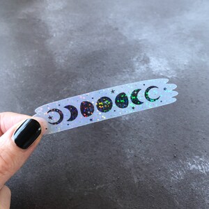 Moon phase vinyl sticker with holographic overlay, moons laptop sticker, clear moons sticker 9 cm wide, holo moon water bottle sticker image 2