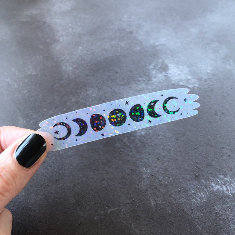 Moon phase vinyl sticker with holographic overlay, moons laptop sticker, clear moons sticker 9 cm wide, holo moon water bottle sticker image 2