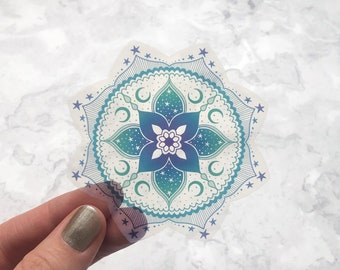 Green Mandala vinyl sticker, Celestial Mandala clear sticker, ombre celestial laptop sticker 8 cm wide, laptop sticker, moon sticker