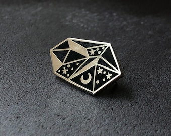 Celestial Crystal enamel pin badge in Black and Silver, black gemstone pin, black hard enamel crystal pin, black glitter crystal badge