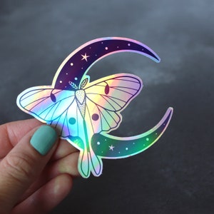 Holographic Luna Moth Moon sticker, moth laptop sticker, holographic vinyl sticker, ombre moon decor, celestial moon sticker