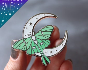 SECONDS SALE Moth moon enamel pin, luna moth pin badge, glitter moon badge, celestial glitter hard enamel pin