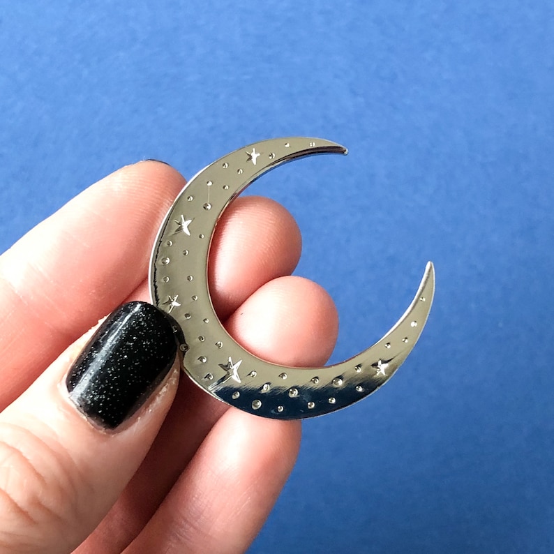 Celestial moon enamel pin, Gold crescent moon pin, silver moon badge, celestial pin with stars Silver