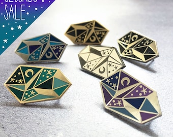 Pins SECONDS SALE, Celestial Crystal enamel pin badge, stars and moon lapel pin, hard enamel crystal glitter pin badge