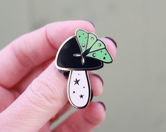 Moth fungi enamel pin, mushroom pin badge, cottagecore badge with moth, hard enamel fungi pin, woodland pin