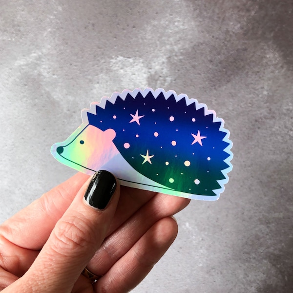 Holographic Hedgehog vinyl sticker, white sticker, glossy vinyl sticker, ombre hedgehog sticker, holographic laptop sticker, animal sticker