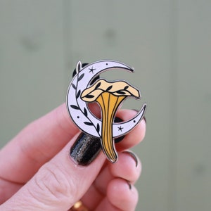 Mushroom enamel pin, cottagecore pin badge, chanterelle badge, celestial hard enamel fungus pin, glitter moon pin