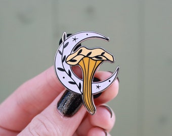 Mushroom enamel pin, cottagecore pin badge, chanterelle badge, celestial hard enamel fungus pin, glitter moon pin