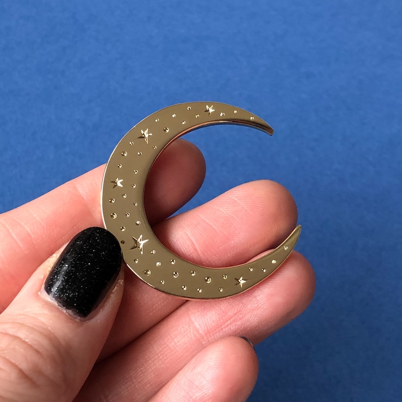 Celestial moon enamel pin, Gold crescent moon pin, silver moon badge, celestial pin with stars Gold