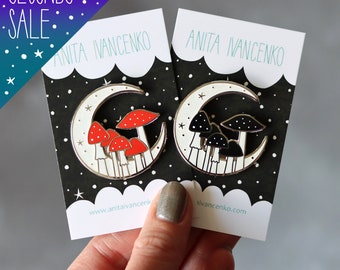 SECONDS SALE Toadstool Moon enamel pin, fairytale pin badge, glitter moon badge, celestial cottagecore hard enamel pin