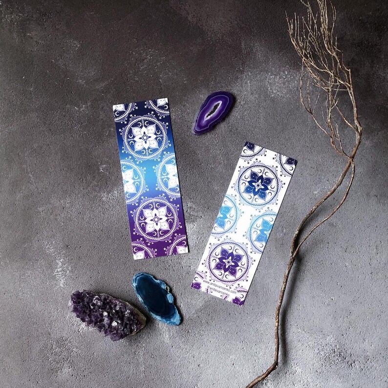 Bookmark SECONDS SALE, double sided mandala paper book mark, witchy bookmark, purple laminated bookmark, gift for book lovers Mandalas