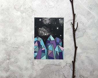 Purple Crystals mini art print, magical crystal postcard A6 postcard, witchy gift, celestial art mini print