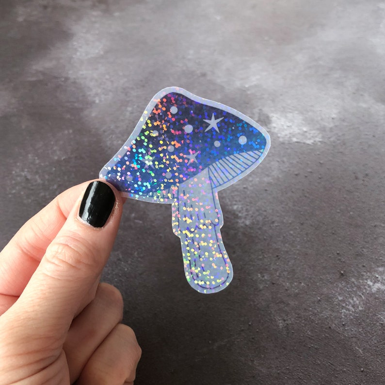 Holographic Toadstool vinyl laptop sticker, white glossy vinyl sticker with holographic overlay, laminated vinyl sticker, waterproof sticker Clear vinyl