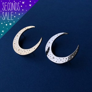 SECONDS SALE, Celestial moon enamel pin, Gold crescent moon pin, silver moon badge, celestial pin with stars