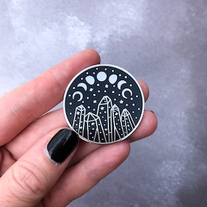 Moons and Crystals enamel pin, Moon Phase pin badge, witchy crystals brooch