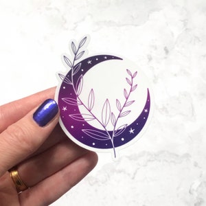 Clear Moon and branch sticker, moon goddess laptop sticker, holographic vinyl sticker, ombre witchy decor, celestial moon sticker image 3