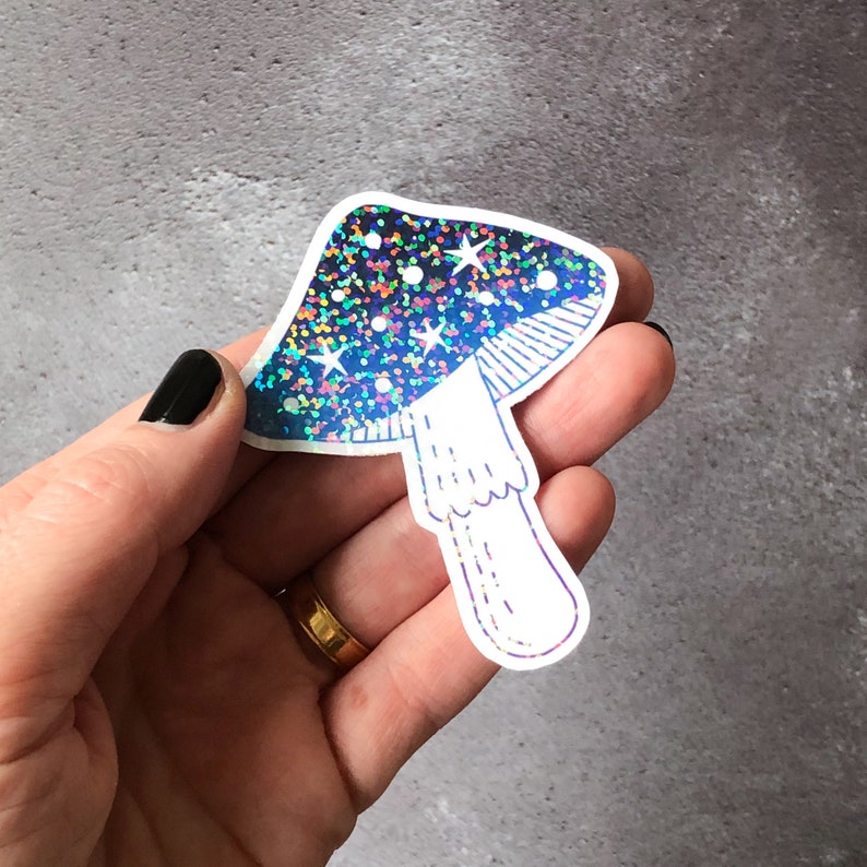 Holographic Toadstool vinyl laptop sticker, white glossy vinyl sticker with holographic overlay, laminated vinyl sticker, waterproof sticker Spots