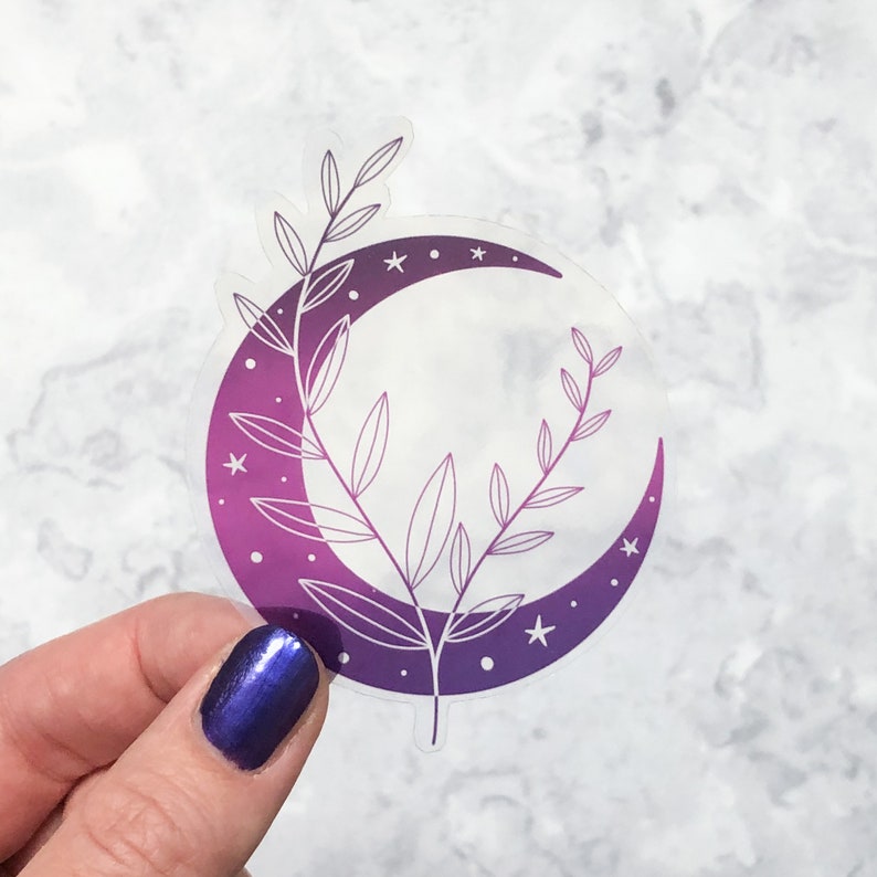 Clear Moon and branch sticker, moon goddess laptop sticker, holographic vinyl sticker, ombre witchy decor, celestial moon sticker image 1