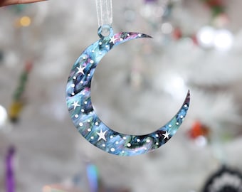 Crescent moon Christmas bauble, Galaxy marble acrylic moon decoration, marble celestial moon hanging ornament, stars and moon festive decor