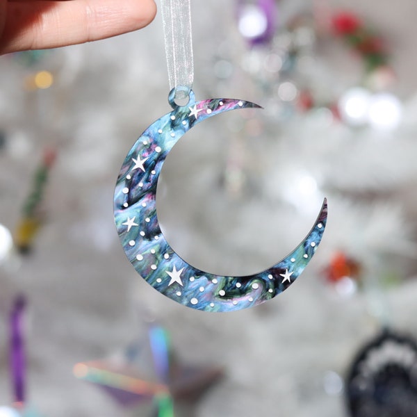 Crescent moon Christmas bauble, Galaxy marble acrylic moon decoration, marble celestial moon hanging ornament, stars and moon festive decor