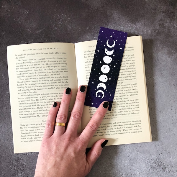 Moon Phases Bookmark, double sided celestial paper book mark, witchy bookmark, purple laminated bookmark, gift for book lovers