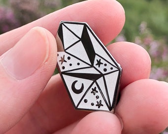 Celestial Crystal enamel pin badge in White glitter and Black, white gemstone pin, white hard enamel crystal pin glitter crystal badge