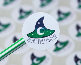 Autocollants d'Halloween, feuille d'autocollants en papier Happy Halloween, 35 autocollants ronds, petits autocollants en papier pour paquets de bonbons, autocollants des bonbons ou des sorts