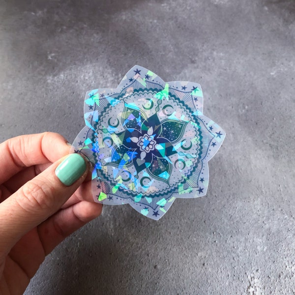 Mandala vinyl sticker with holographic overlay, Celestial Mandala sticker, ombre holographic celestial laptop sticker, translucent sticker