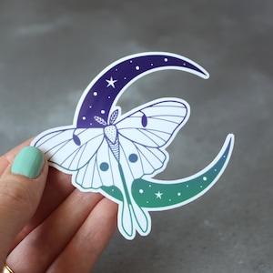 Luna Moth Moon sticker, moth laptop sticker, holographic vinyl sticker, ombre moon decor, celestial moon sticker