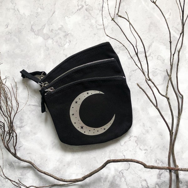 Crescent Moon zip pouch, black zip bag with silver moon, organic cotton zip purse with celestial moon, Travel makeup bag
