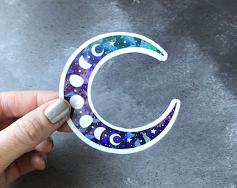 Moon Crescent Vinyl Sticker, holographic sticker, white vinyl sticker with holo overlay, waterproof moon sticker, withcy moon phase sticker