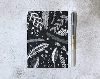 Black and White plant illustration print, leaves drawing postcard, A6 postcard mini print