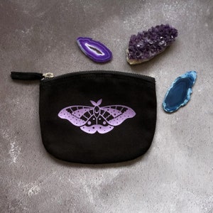 Lilac Emperor Moth zip pouch, black zip bag with purple moth, organic cotton zip purse with moth motif, reflective moth zipper pouch