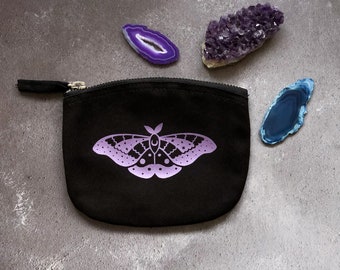 Lilac Emperor Moth zip pouch, black zip bag with purple moth, organic cotton zip purse with moth motif, reflective moth zipper pouch