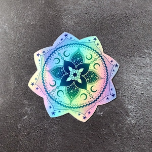 Green Mandala vinyl sticker, Celestial Mandala clear sticker, ombre celestial laptop sticker 8 cm wide, laptop sticker, moon sticker image 8