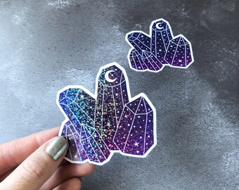 Holographic Crystals laptop sticker, witchy holographic overlay sticker, white vinyl sticker with holo lamination, crystal witchy sticker