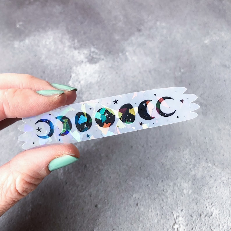 Moon phase vinyl sticker with holographic overlay, moons laptop sticker, clear moons sticker 9 cm wide, holo moon water bottle sticker Cracked ice