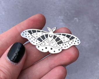 Emperor Moth enamel pin badge, black hard enamel butterfly pin, stars and moon lapel pin with recessed details
